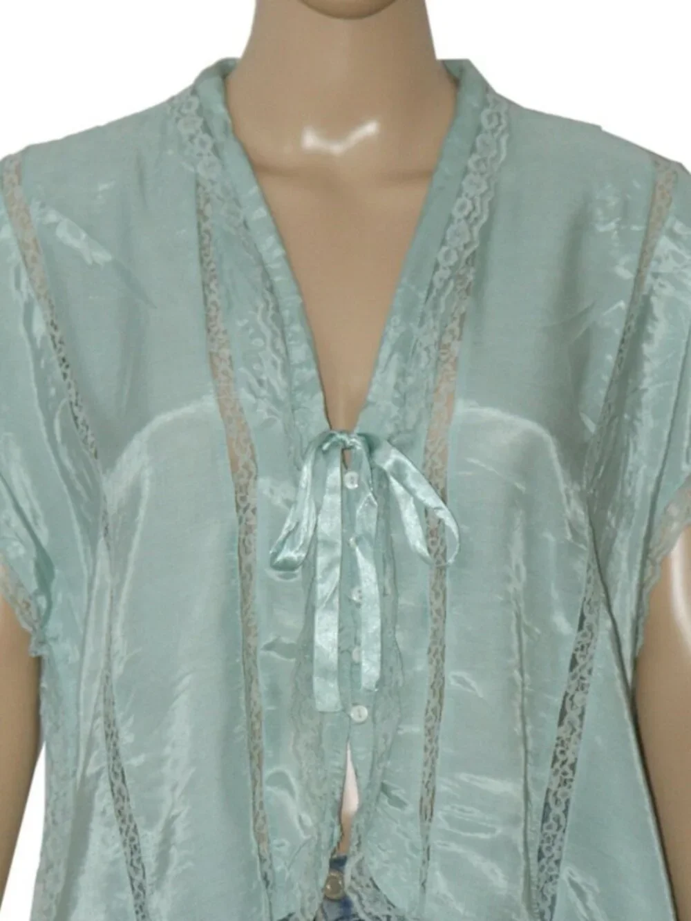 Free People Marigold Shine Lace Top Buttondown Tie V Neck Blue Surf XS
